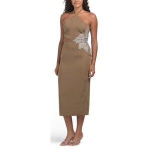 Avec Les Filles Olive Midi Dress Size 6 Beaded Floral Accent Halter Neck Cutout